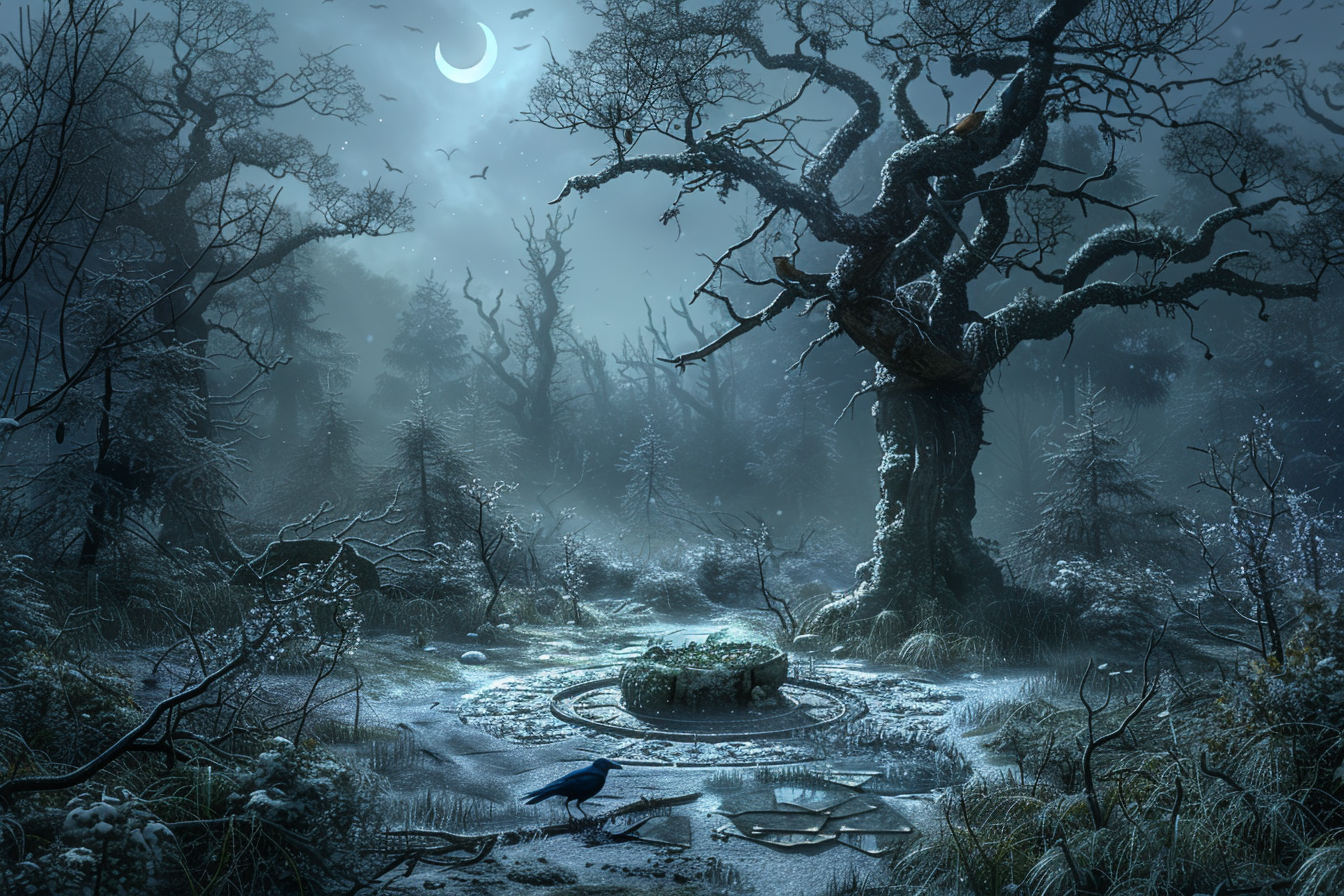 Mondbeschienene Lichtung: alter Baum, Steinkreis und Rabe unter kaltem Silberlicht.